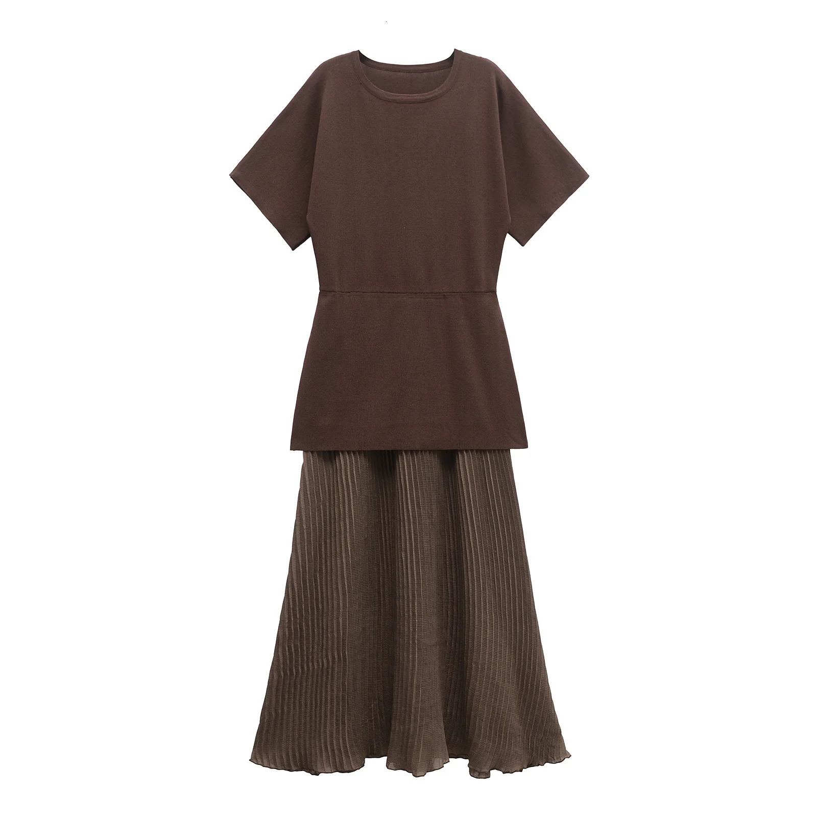 MUJER Pleated Knitted Long Dresses for Women Short Sleeve Maxi Dress Woman Vintage Party Womens Patchwork 250807