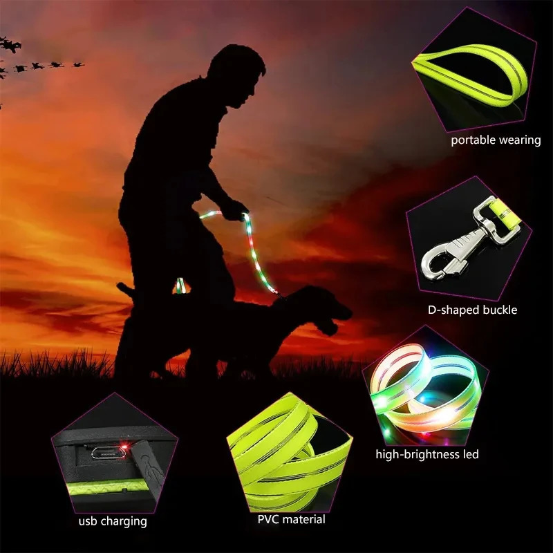 Led Light Up Dog Leash Walking Safety Glow in The Dark USB Rechargeable Adjustable for Large Medium Small Pet Lighted Dog Collar 250805