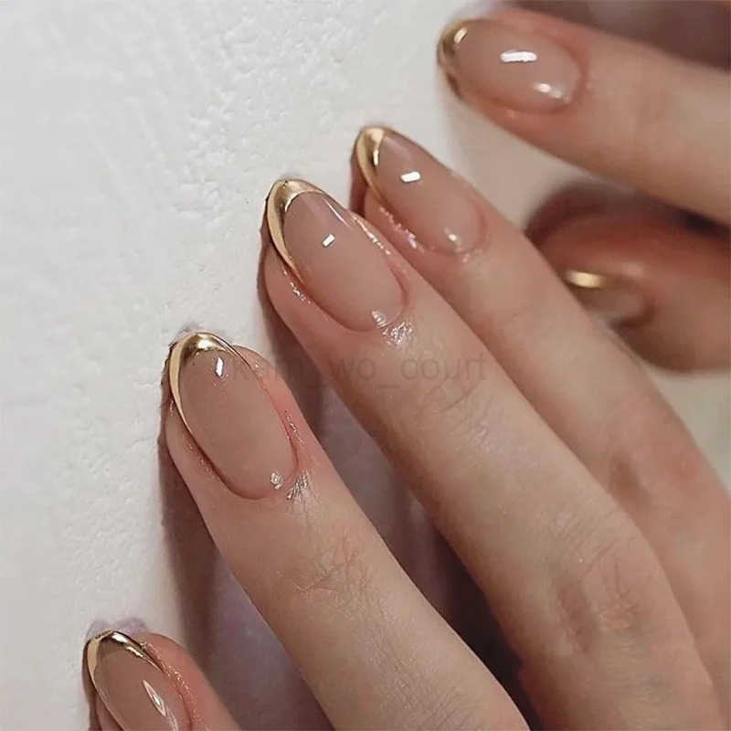 24pcs French Almond Fake Nails Gold Edge Glitter Press-on Nails Swirl Metal Nail Art False Nails Full Cover Nail Tips False Nails M250807