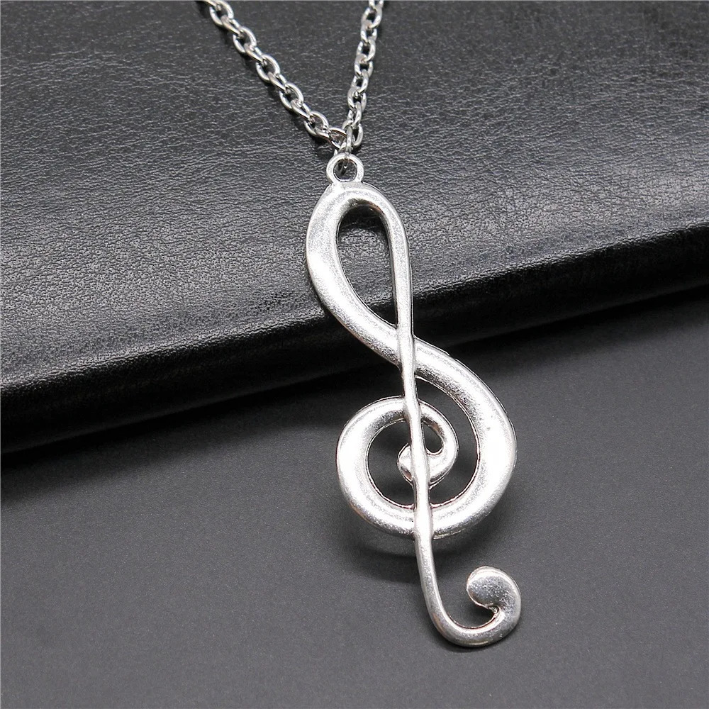 Vintage Antique Silver Plated 61x22mm Big Musical Note Pendant Necklace For Women Men Long Chain Trendy Jewelry Accessories 250805