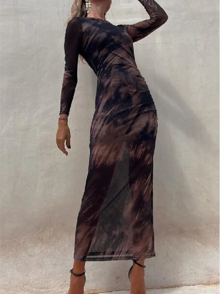 Autumn Mesh Sexy Printed For Womens Long Sleeved Dresses Simple Lace Fashion Slim Stretch Female Party Nightclub Dress 250728