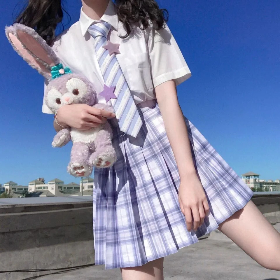 Starlight LongShort sleeve Summer High Waist Plaid Pleated Skirt Dress JK School Uniform Students Girls Clothes 250729