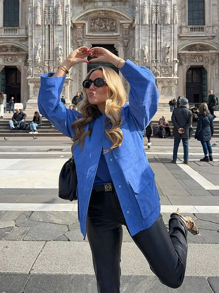 Suede Blue Contrst Color Womens Jacket Single Breasted Lapel Full Sleeves Pocket Coats Spring Lady High Street Outwear Top 250805