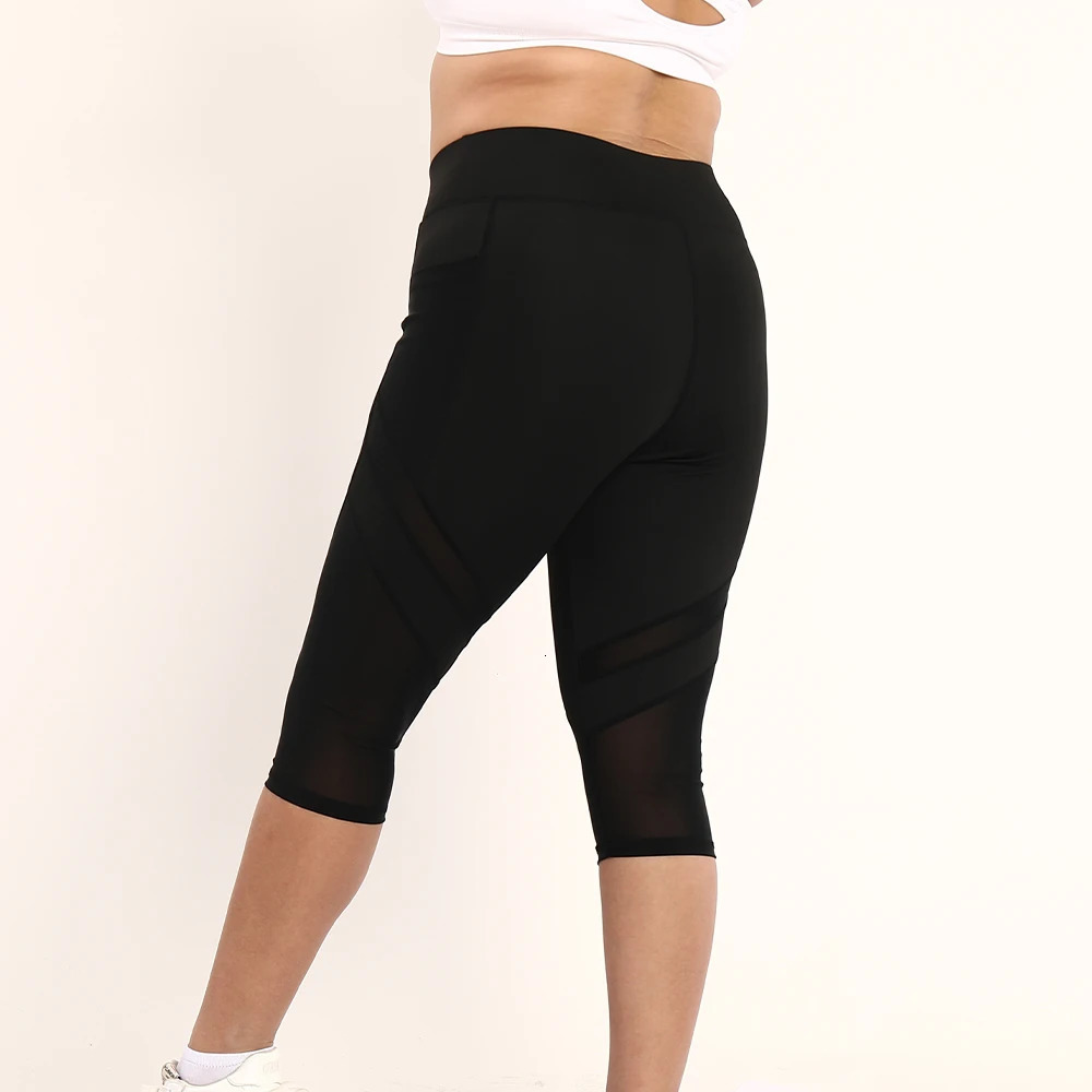Plus Size Womens Yoga Pants With Side Pocket Mesh Insert Hollow Out Leggings For Workout Running Fitness Clothing 250805