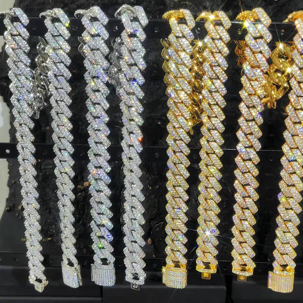 14mm Iced Out Prong Cuban Link Chain Silver Plated Brass Hip Hop Diamond Cuban Chains Necklace for Womens Fine Jewelry