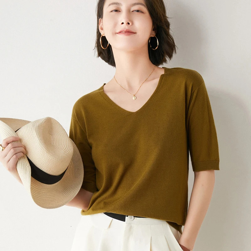 Arrival Summer Cashmere Wool Sweater Spring Summer Women Solid Short Sleeve V-neck Pullovers Knitted Sweaters 250801