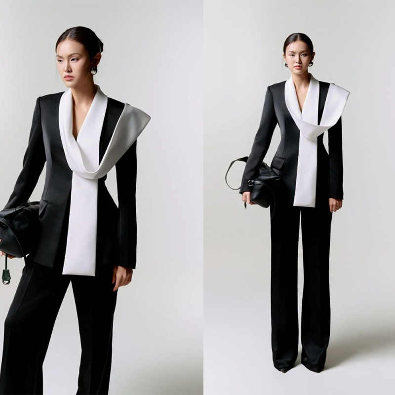 Temperament Women Suit Two Pieces Jacket Pants Splicing Color Slim Fit Office Banquet Female Clothing Customized