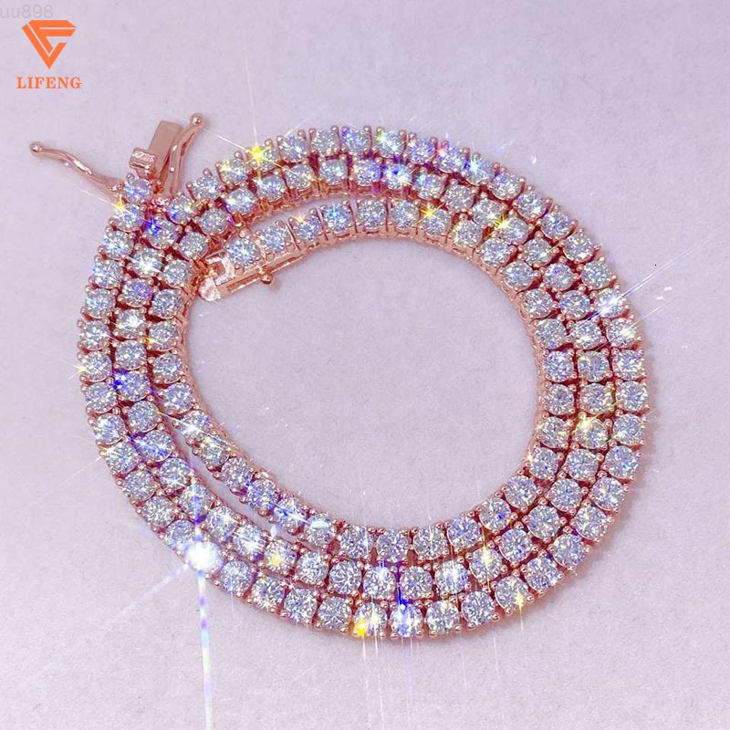 Lifeng 5 mm Hip Hop Tennis Chain Necklace for Women 925 Sterling Silver Chain VVS Moissanite Diamond Rose Gold Tennis Chain