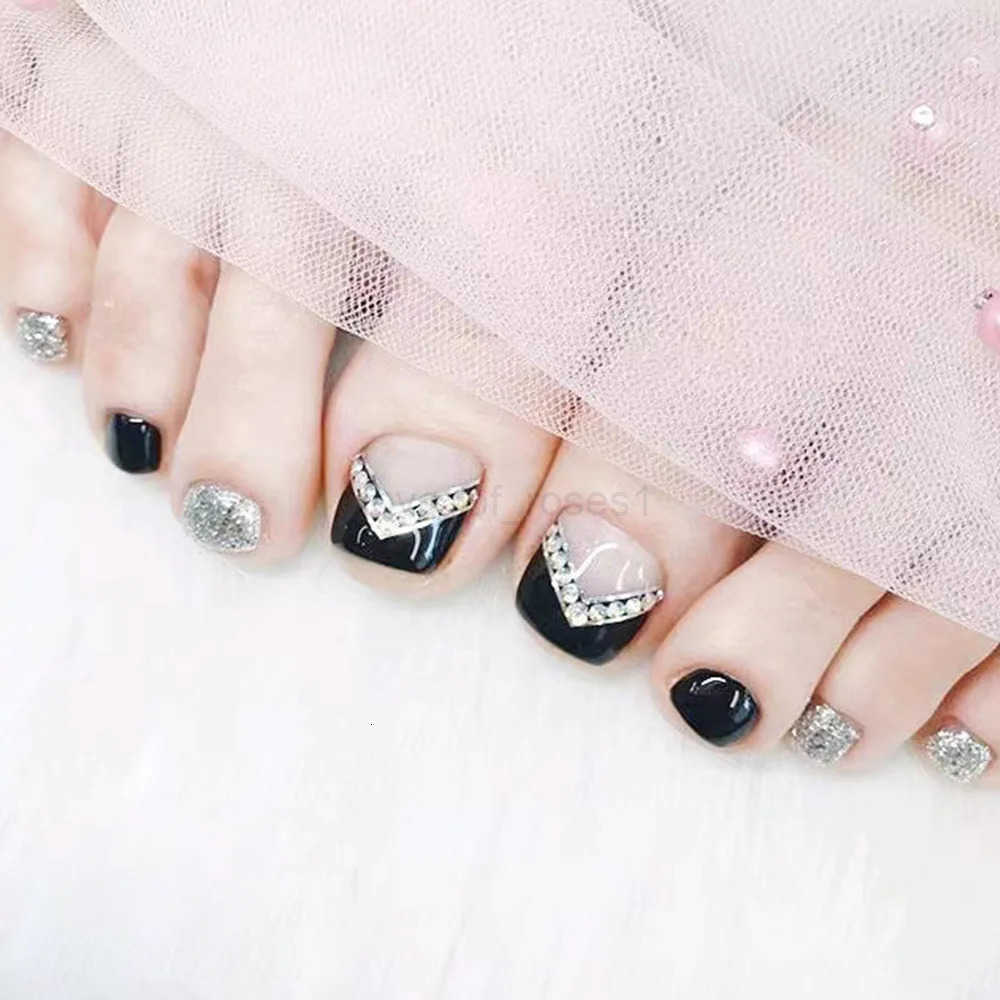 Black Short Fake Toenails 24Pcs Square Press On Toe Nails Charms Silver Sequins Rhinestone Decor Summer DIY Manicure For Women Z250807