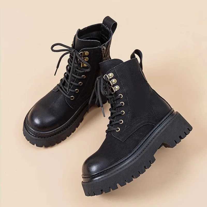 100% Genuine Leather Ankle Boots for Women Autumn Ladies Shoes Thick Heel Platform Motorcycle Boots British Work Short Botas XJ250807
