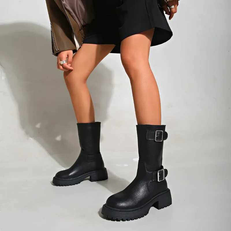35-40 New Yards Round Toe Sleeve Hundred Square Buckle Short Boots Thick Bottom Comfortable Commuter Shoes XJ250807