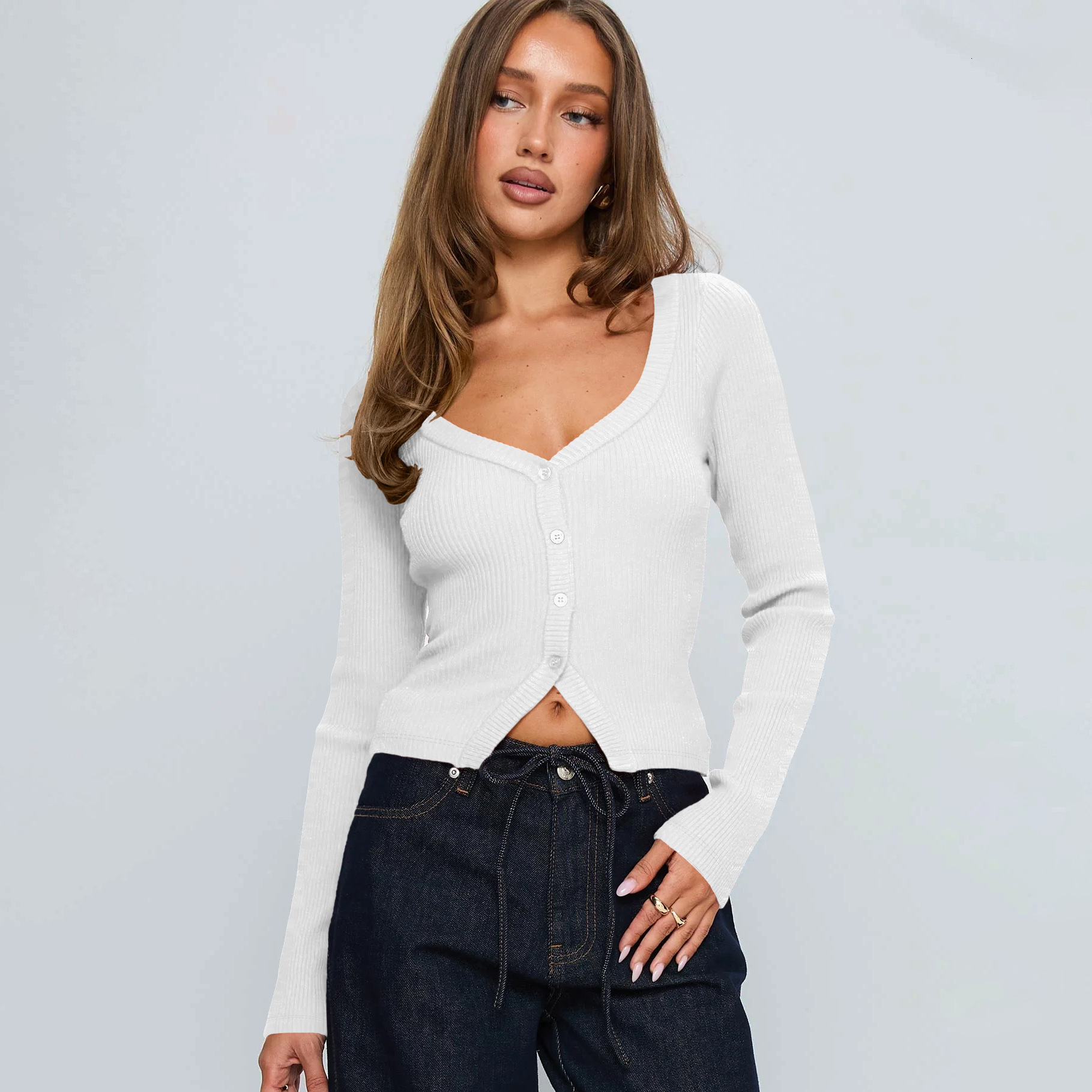 2025 Autumn Winter V-neck Long Sleeve Ribbed Button Cardigan Slim Fit Commuter Exquisite Women's Top