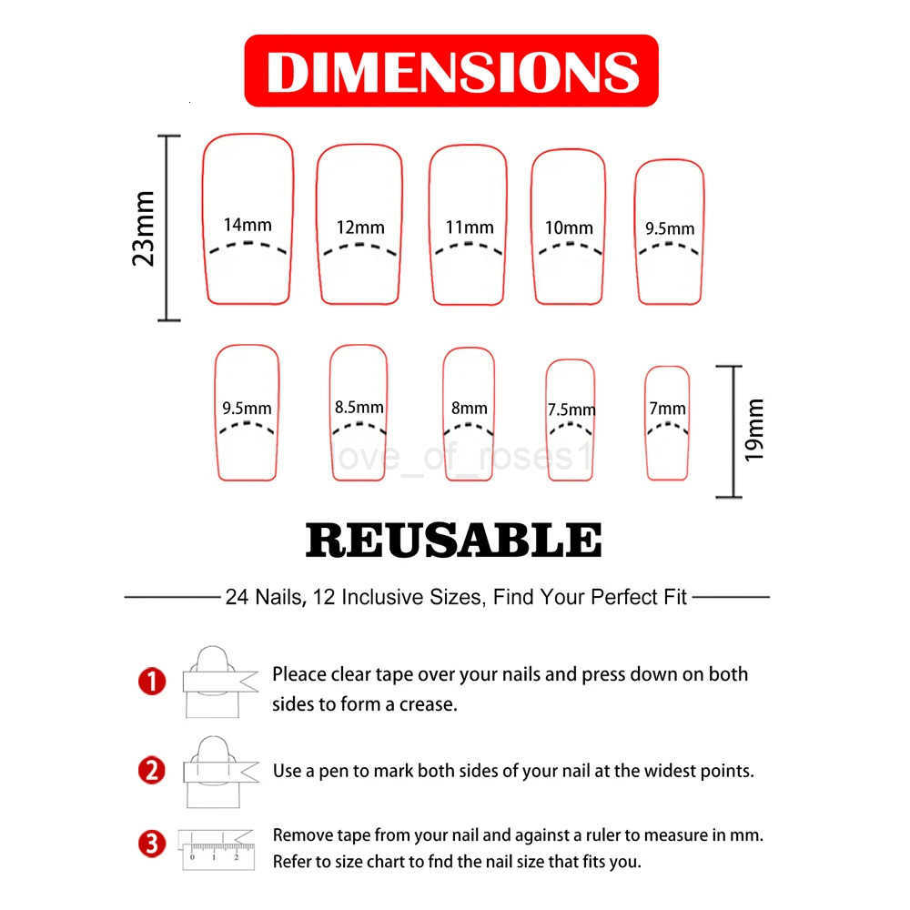 24Pcs/Set Middle Size Square Rose Red French Colorful Flower Full Coverage Wearable Nail Art Fake Nails for Women Girls Z250807