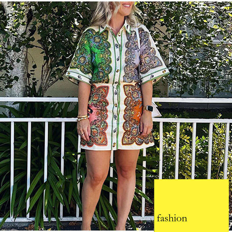 Women's New Style Turn-Down Collar Single-Breasted Printed Three-Quarter Sleeve Casual Dress B5 h7