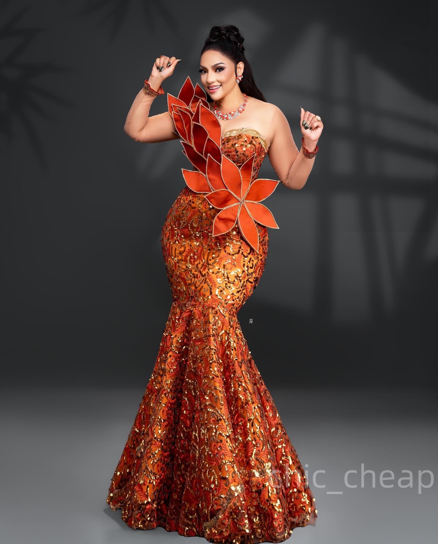 Mermaid Orange Prom Dresses 2025 Florals Sequined Lace Sheer Neck Evening Formal Party Second Birthday Engagement Gowns Plus Size Dress For Special Oc