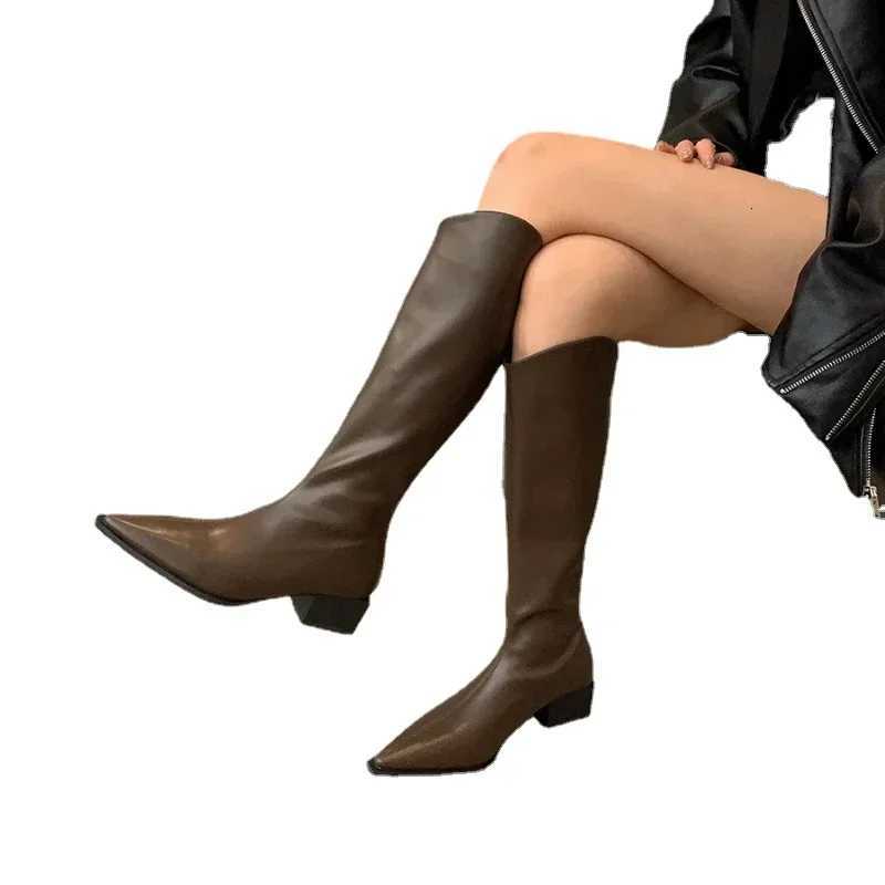 Women Mid Heels Knee High Chelsea Long Boots Platform Motorcycle Boots Designer Vintage Pointed High Knight Boots XJ250807