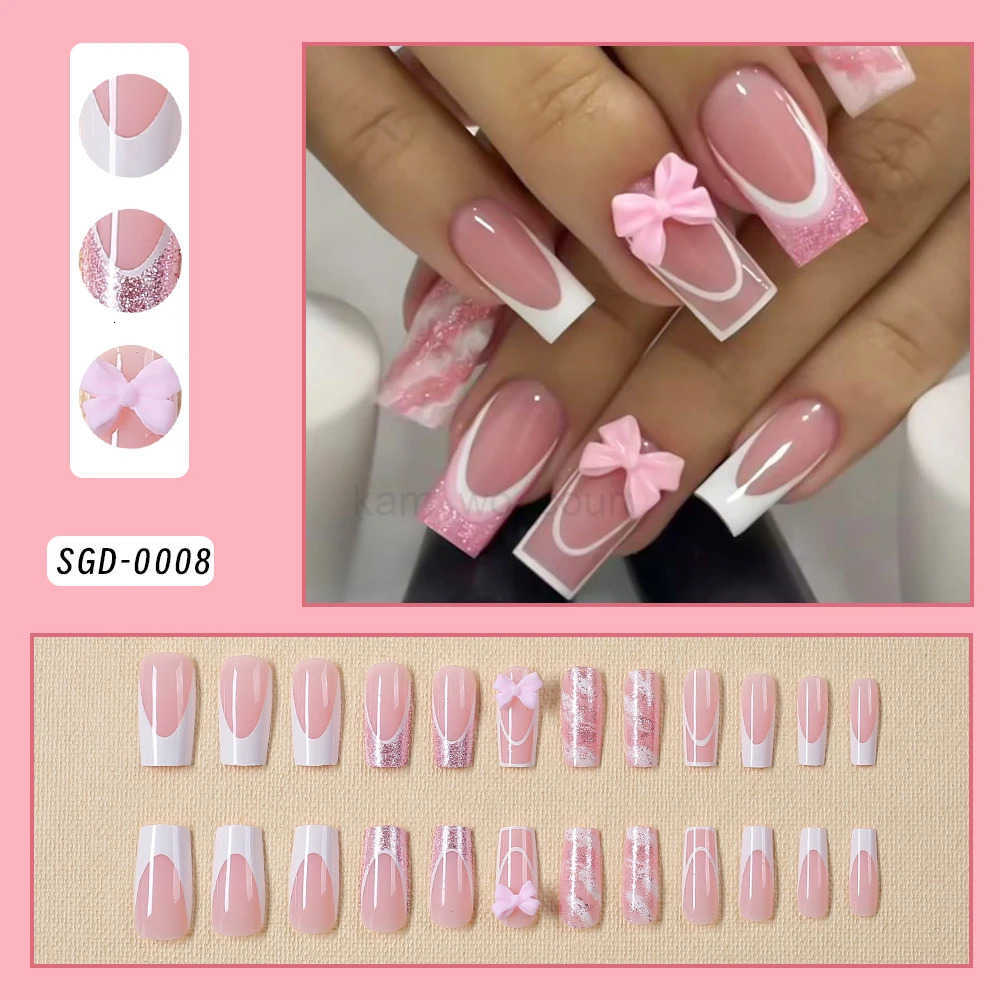 24Pcs Pink Bowknot French Fake Nails Patches 3D Pink Glitter Bow Long Coffin French False Nails Full Cover Acrylic Press-on Nails M250807