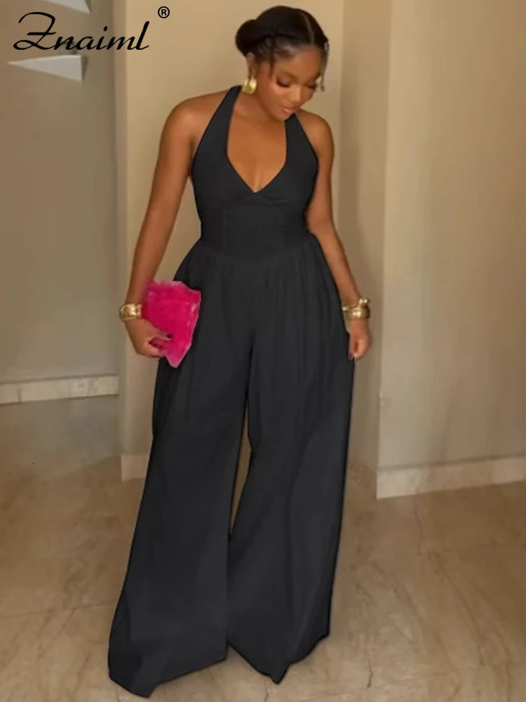 Znaiml Elegant Evening Gowns Biarthday Party One Pieces Wide Leg Pants Outfit for Women White Halter Backless Jumpsuit Rompers 250807