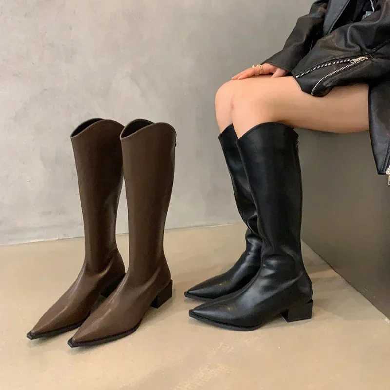 Women Mid Heels Knee High Chelsea Long Boots Platform Motorcycle Boots Designer Vintage Pointed High Knight Boots XJ250807