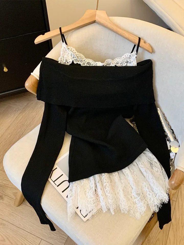 Women Black Gothic Strap Sweater Set Harajuku Korean Y2k Long Sleeves Jumper Sweaters Winter College Vintage 2000s Clothes 250806