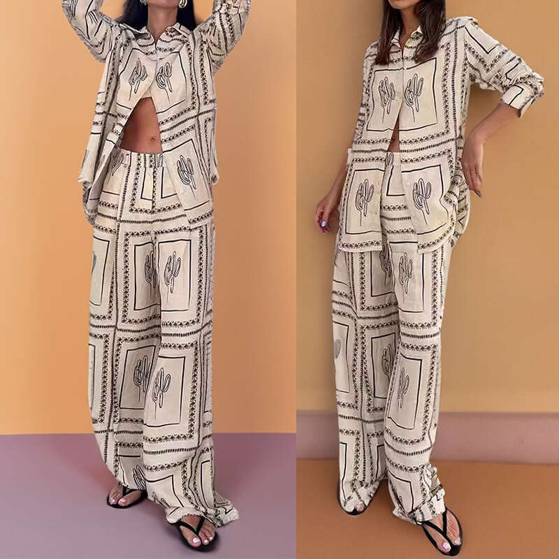 Women's Printed Long Sleeve Shirt Wide Leg Pants Early Autumn Lazy Style Fashion Set Homewear B5 h7