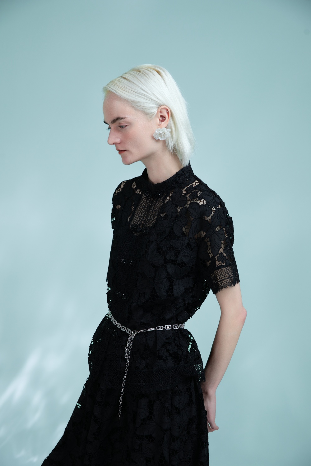 Women Short Sleeves Lace Blouse Mesh See Through Loose Shirts Stand Neck Summer Tops 6112534