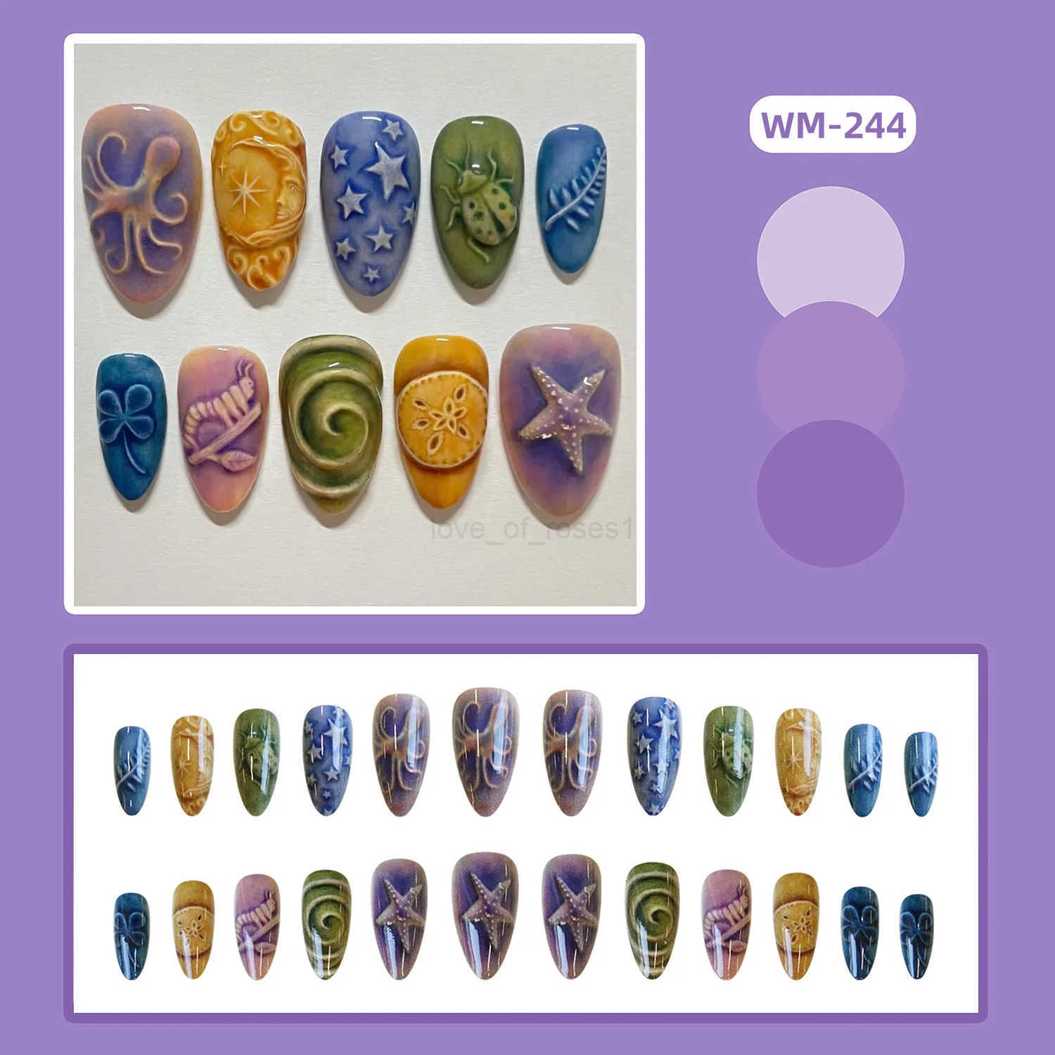 24pcs Charming Summer Ocean Press On Nails Colorful Painting Short Almond False Nails With Starfish Flower Press On Nail Z250807
