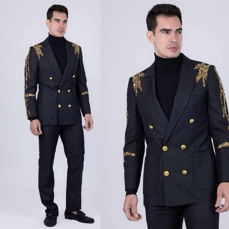 Handsome 2 Pieces Men Suits Peaked Lapel Double Breasted Pants Sets Sequins Beadeds Classic Fit Groom Wedding Tuxedos Custom Made