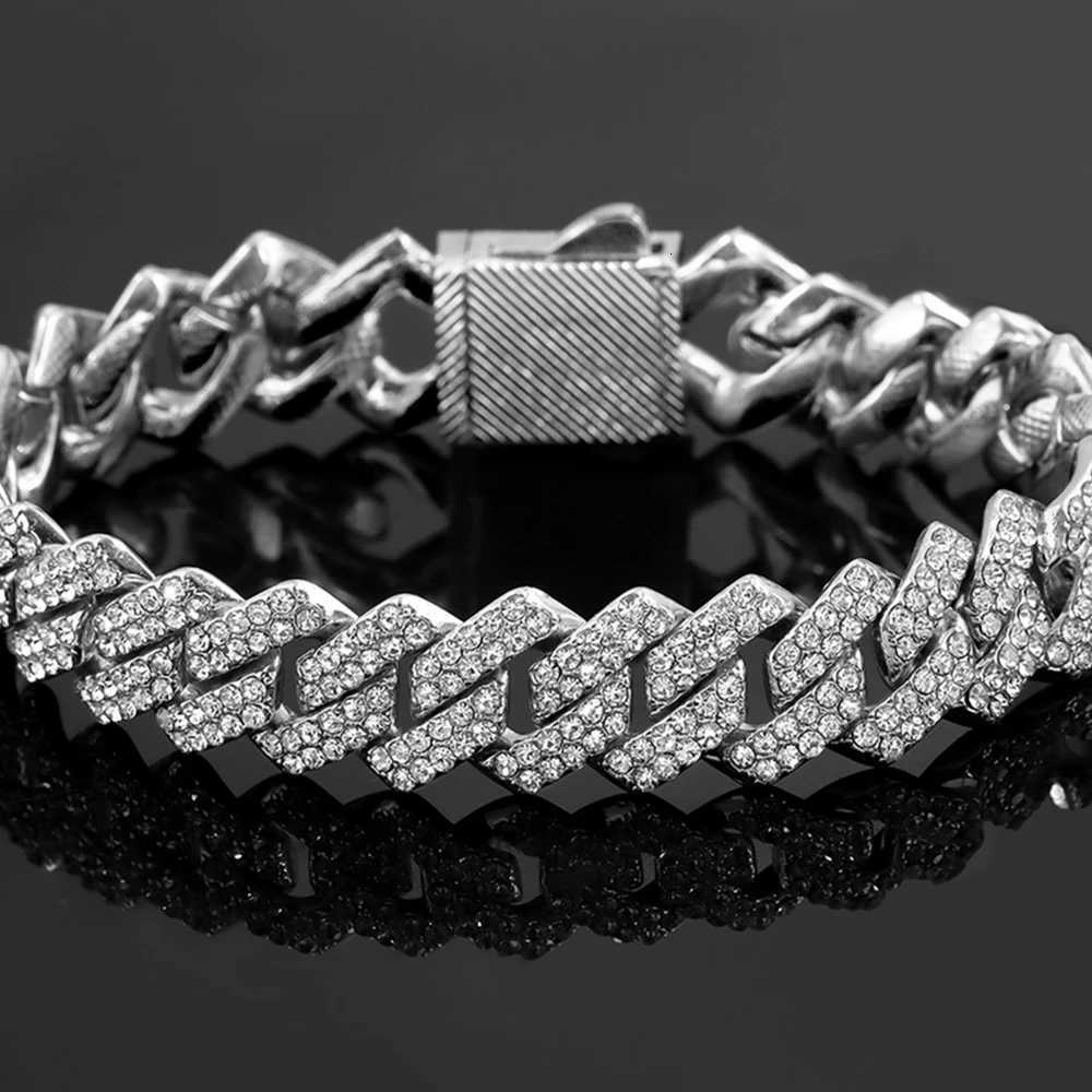 7/8/9inch 14MM Cuban Link Chain Bracelets for Women and Men Rhinestone Paved Prong Cuban Chain Bracelet Wristband Hip Hop Jewelry W250807