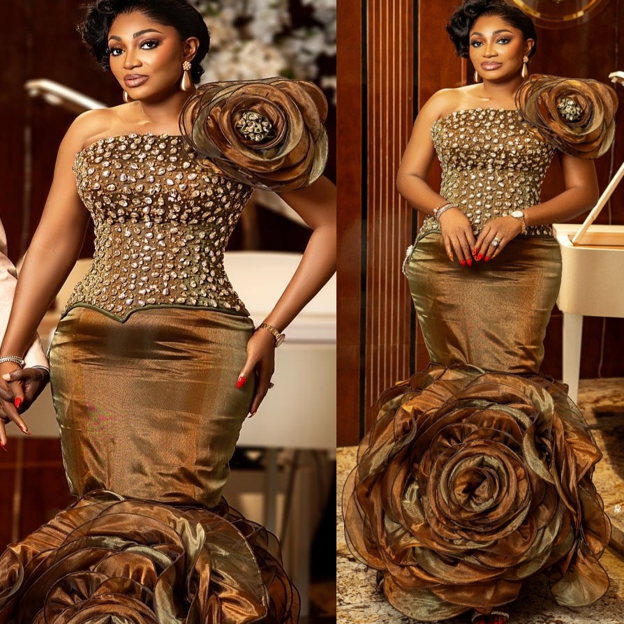 Mermaid Brown Prom Dresses 2025 Beaded Crystals Flowers Taffeta Evening Formal Party Second Birthday Engagement Gowns Plus Size Dress For Special Occa