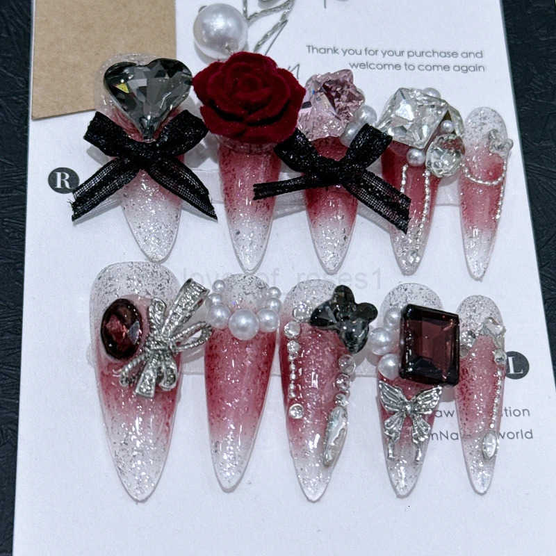 10pcs Stiletto Almond Press On Nails Dark Black Fake Nails With Butterfly Star Design Hot Girl Detachable Full Cover Nail Art Tip Z250807