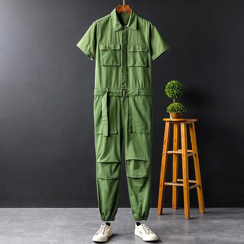 Summer Solid Short Sleeve Pockets Mens Jumpsuits Casual Full Length Pants Costumes Loose Unisex Fashion Cargo Overalls 250804