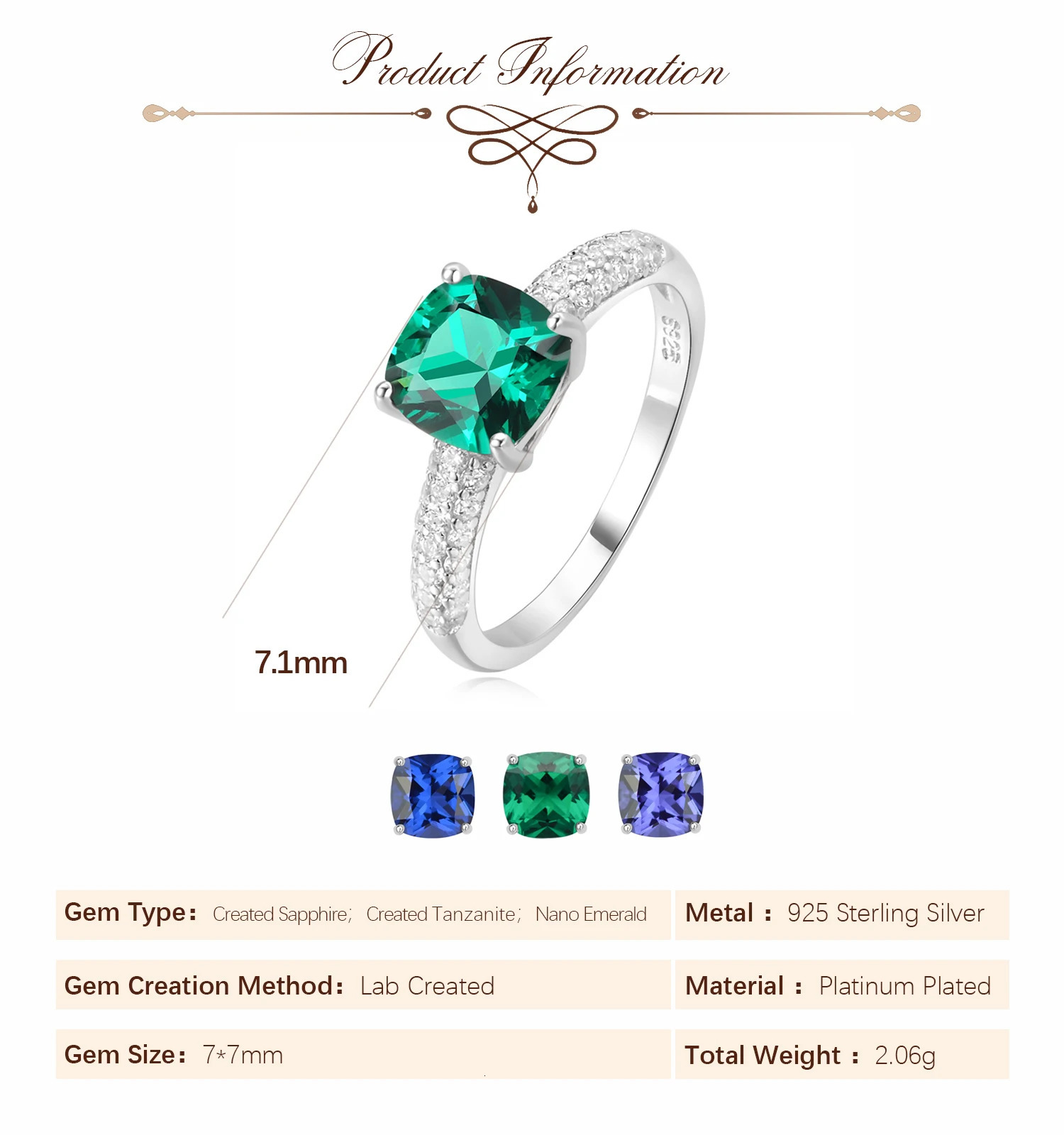 Potiy 2.22ct Created Sapphire Nano Emerald Tanzanite Solitaire Ring 925 Sterling Silver for Women Daily Party Jewelry sets gift 250730