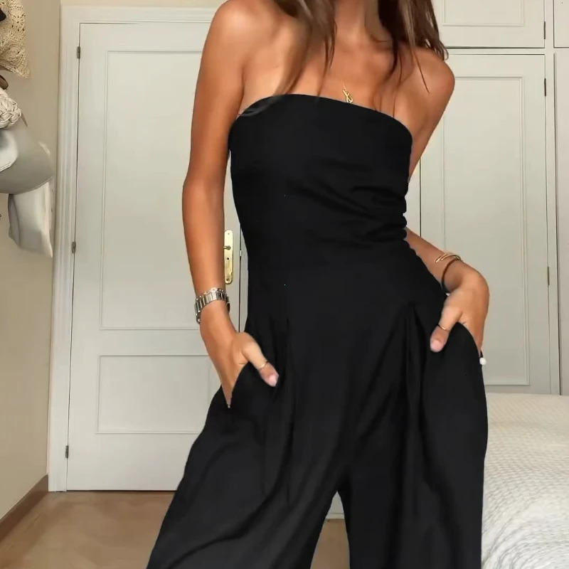 Solid Backless Jumpsuit Off Shoulder Waist Cinching Pockets Wide Leg Pants Lady Bodysuit Summer Female Outwears 250807