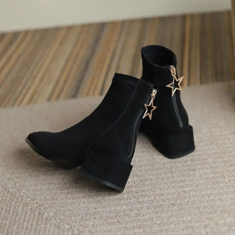 Booties Black Womens Ankle Boots Work Elegant with Medium Heels Short Shoes for Woman Suede Sale Gyaru Spring Autumn Footwear 250805
