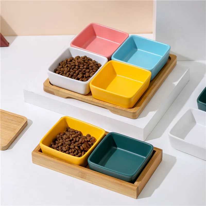 New Ceramic Cat Dog Bowl Puppy Kitten Anti Tipping Feeder with Wooden Tray Square Pet Food Dish Multiple Colors Dog Accessories Y250806
