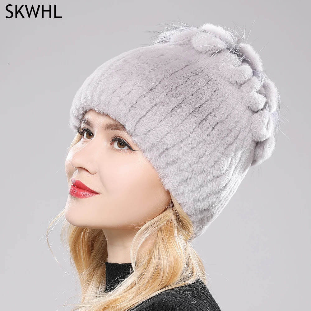 Russia Winter Warm Real Fur Beanies Hat Women Real Natural Rex Rabbit Hat Good Elastic Knitted Rex Rabbit Fur Caps 250806