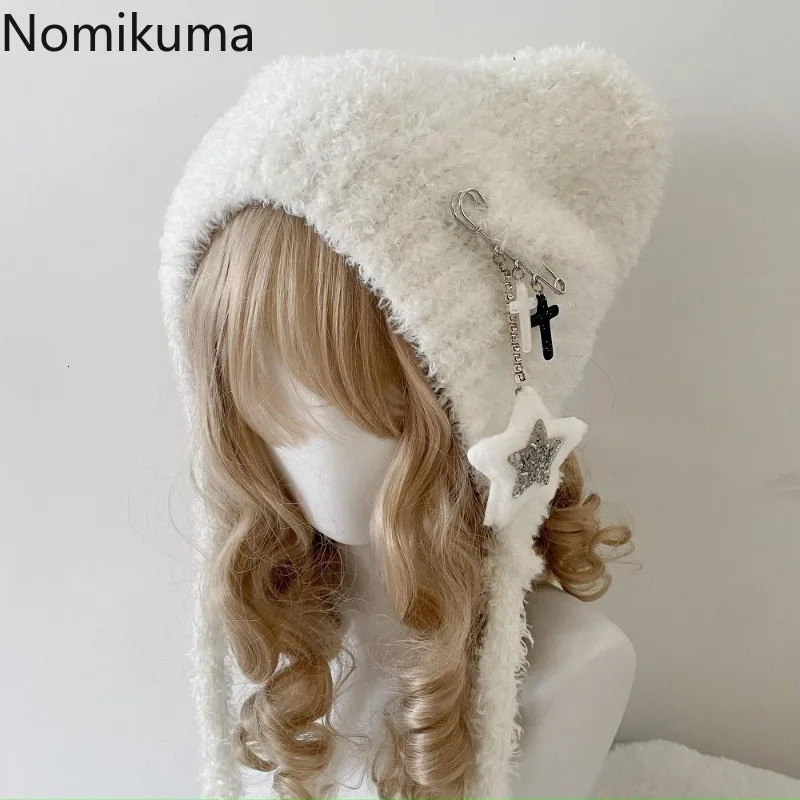 Y2K Cute Star Knitted Beanie Hat Ins Cute Japanese Gorras Knitting Wool Warm Cap Autumn Winter Cat Ears Pointed Women Hats 250806