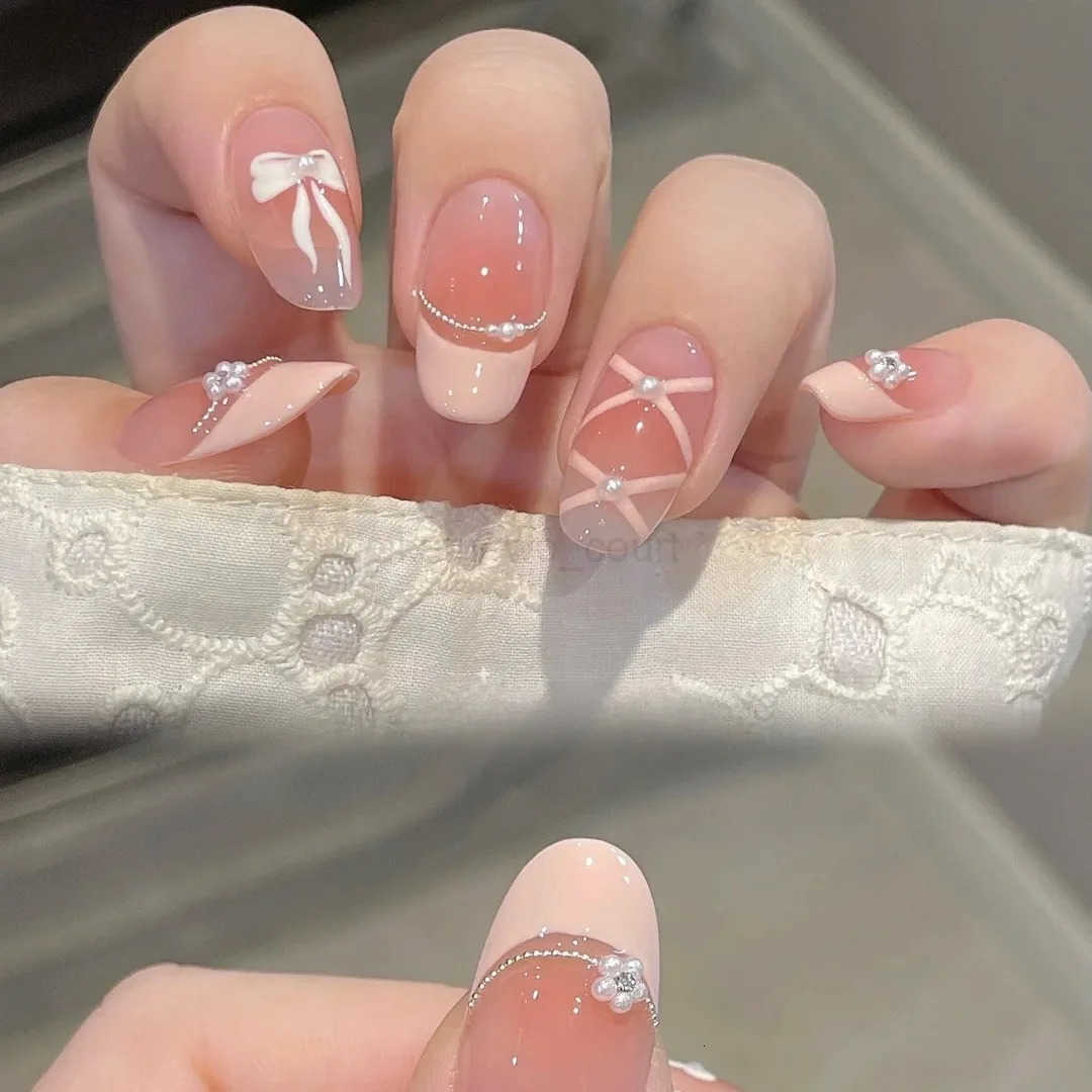 10Pcs Ballet Sweetheart False Nails Bowknot Pearl French Press on Nails Pink Almond Artificial Nail Art Handmade Lace Fake Nails M250807