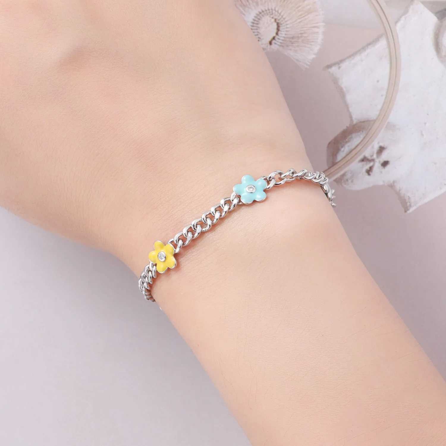 PANPOKI New 925 Sterling Silver Cute And Colorful Flower Bracelet Chain Link Women Bracelet Festival Jewelry Party Trendy Gifts W250807