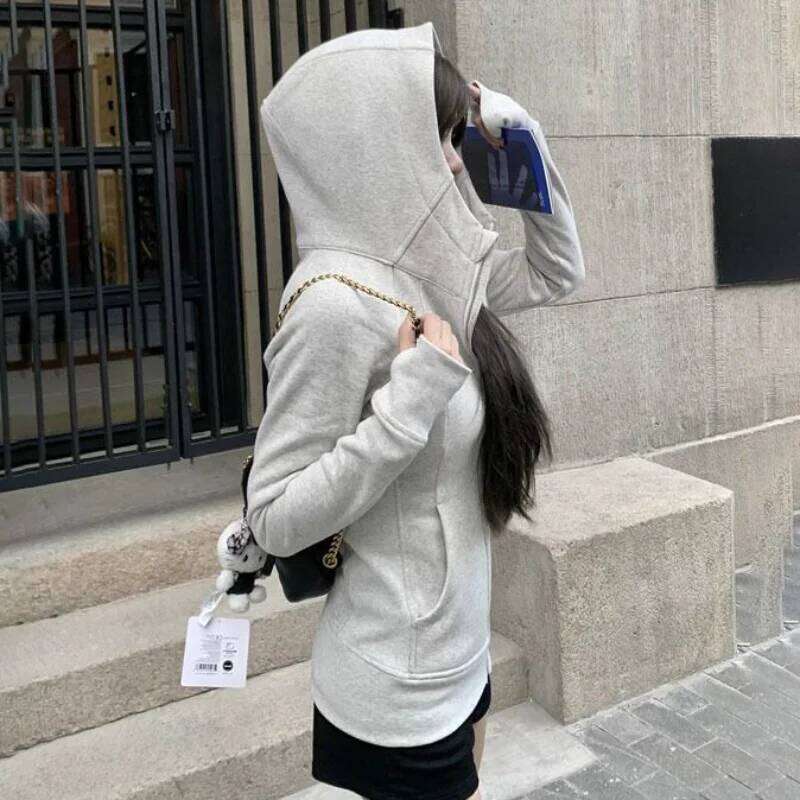 Cotton Sweatshirt for Women Spring Autumn Korean Versatile Trendy Sporty Slim Fit Hooded Coats Girls Grey Zipper Cardigan