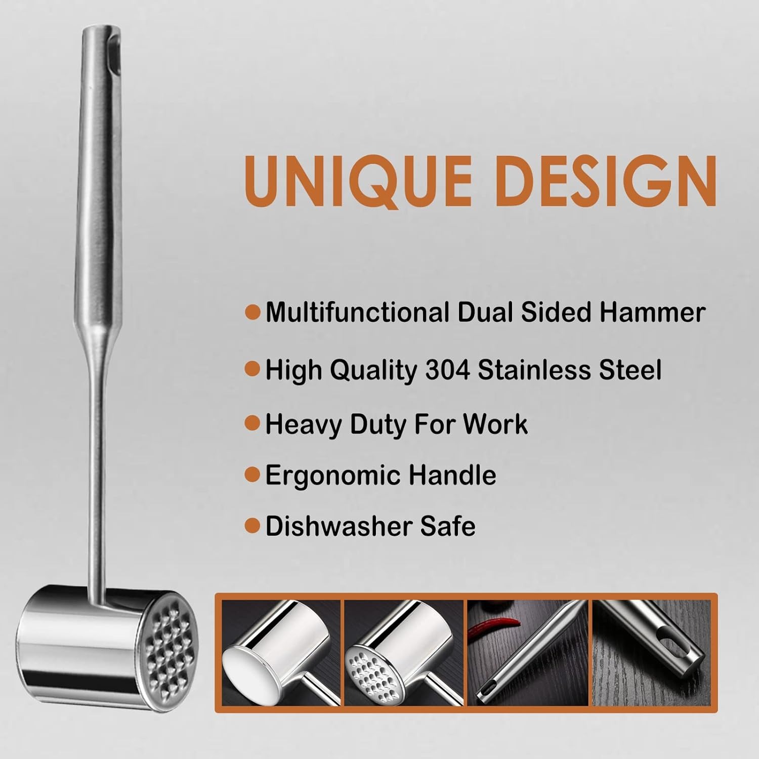 ICEDOG-304 Stainless Steel Meat Tenderizer Mallet Dual-Sided Textured Flat Meat Hammer Heavy Duty Beef/Poultry Pounder for Steak Chicken Dishwasher Sa