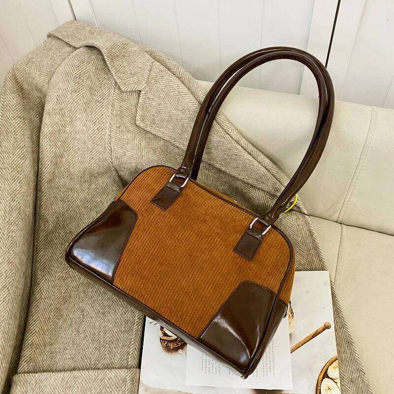 Corduroy Brand Boston Handbag Day Clutch Veet Shoulder For Women Trend Versatile Crossbody Bag Brown