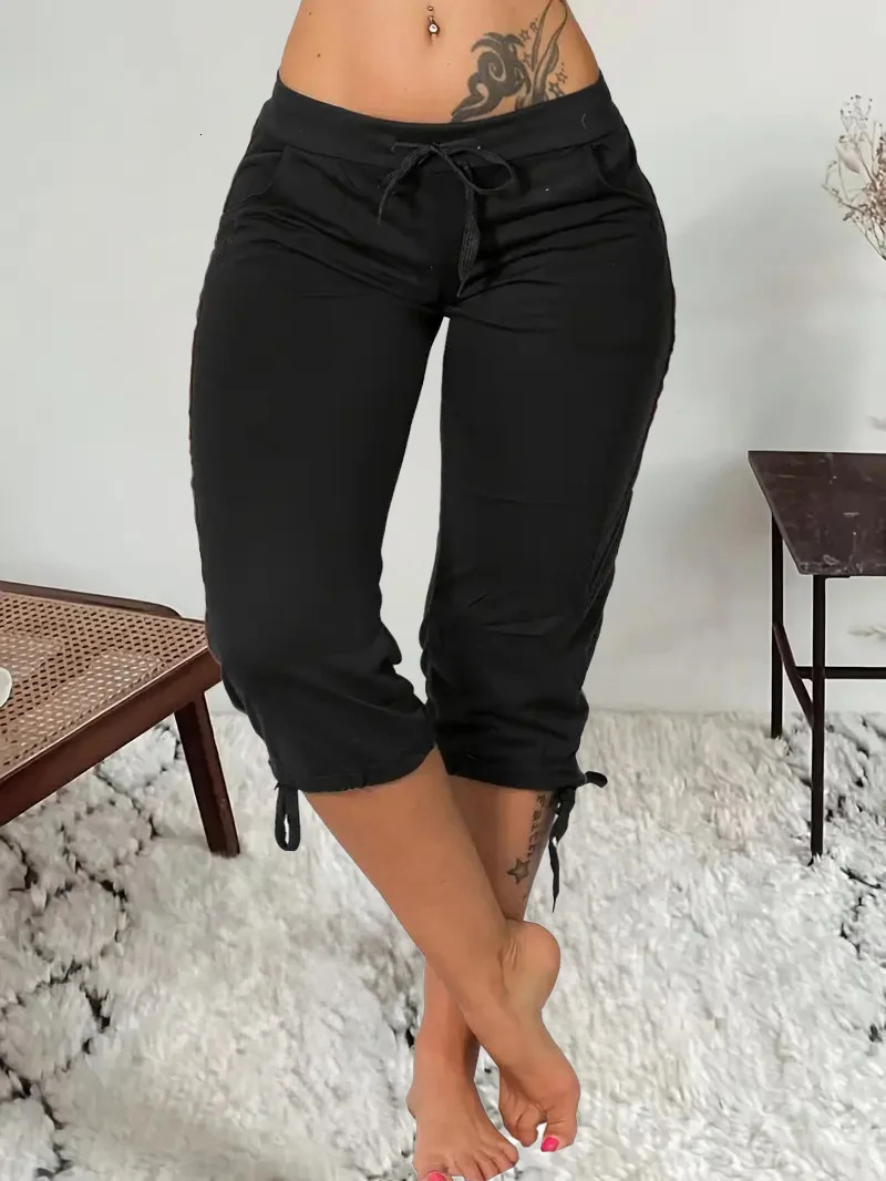 Plus size springsummerautumn stretch seven point jogging pants for women with drawstring at the waist fashionable pure blac 250805