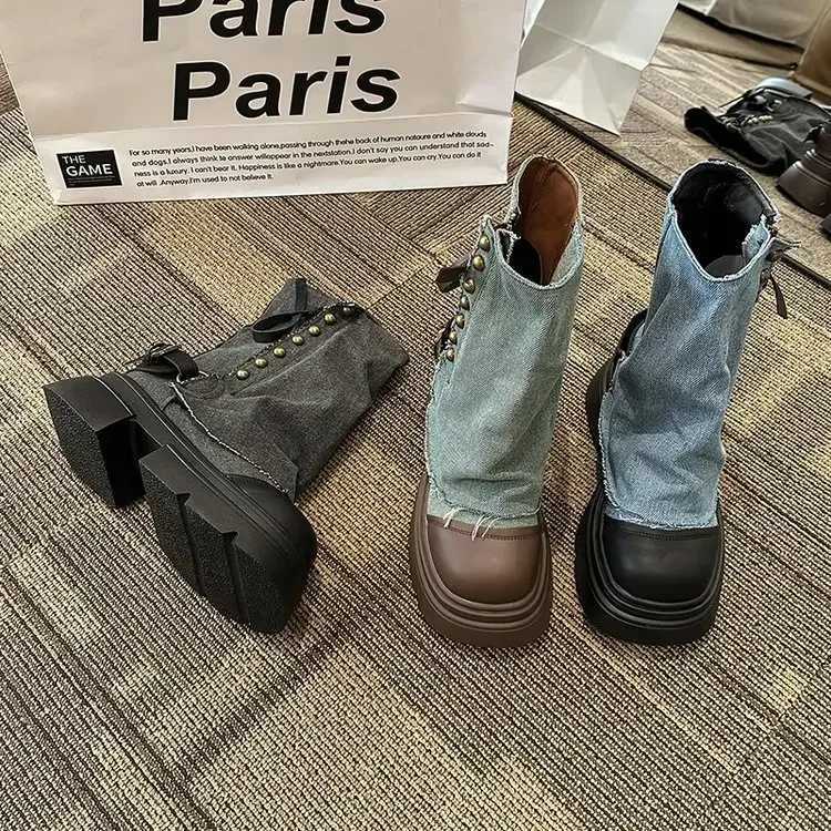 Designer Women Ankle Boots Wern Denim Short Boots Ankle Boots Fi Slip Thick Bottom Platform Shoes 2052 XJ250807