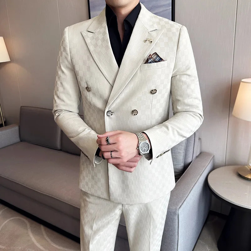 JacketPants Checkered Double Breasted Suit 2 Pieces Fashion Business Slim Fit Social Formal Evening Dress 5XLM 250807