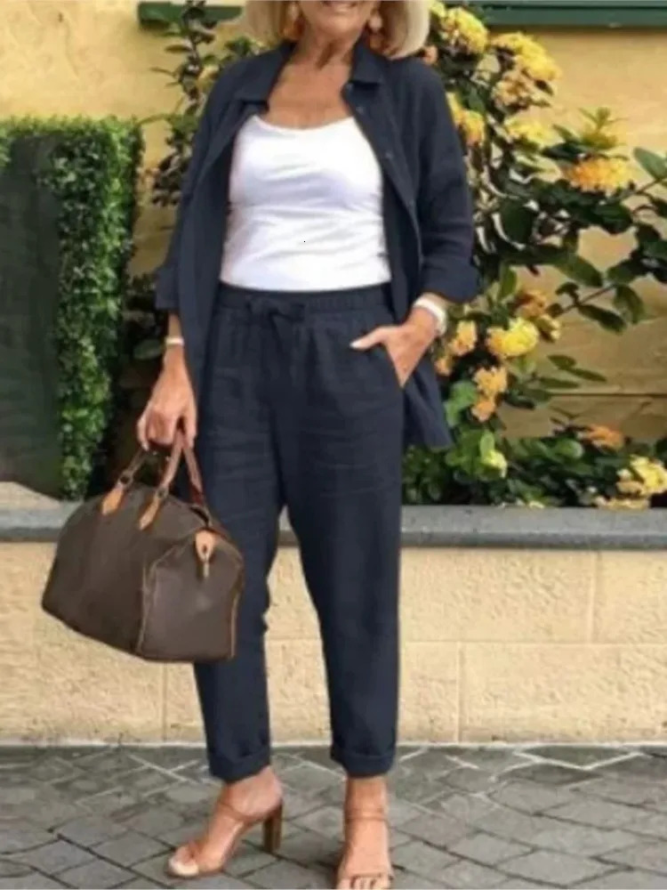 2025 Autumn Spring Casual Suit Women Cotton Linen 2 Piece Set Solid Color Loose Button Shirt Pants Sets Daily Womens Clothing 250805