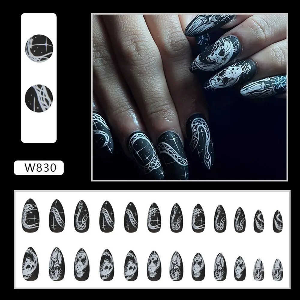 24pcs Full Cover Halloween Skull Fake Nails Detachable Wearable Press on Nails Long Length Frosted False Nails for Women and Girls Z250807