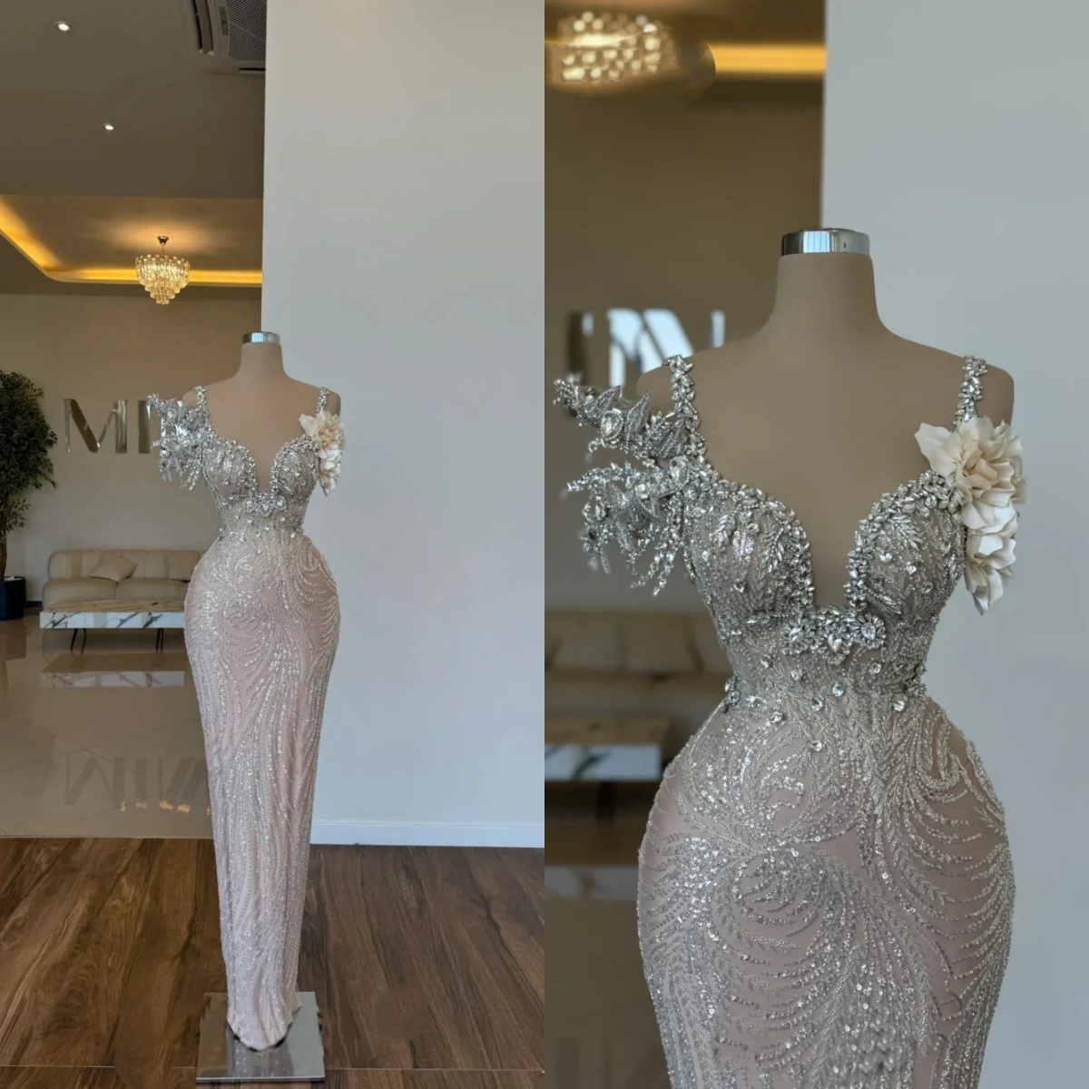 Luxury Evening Dresses For Women Sweetheart Neck Spaghetti Straps Sleeveless Gown 3D Appliques Crystal Sequins Sweep Train Dress Party Customized Dres