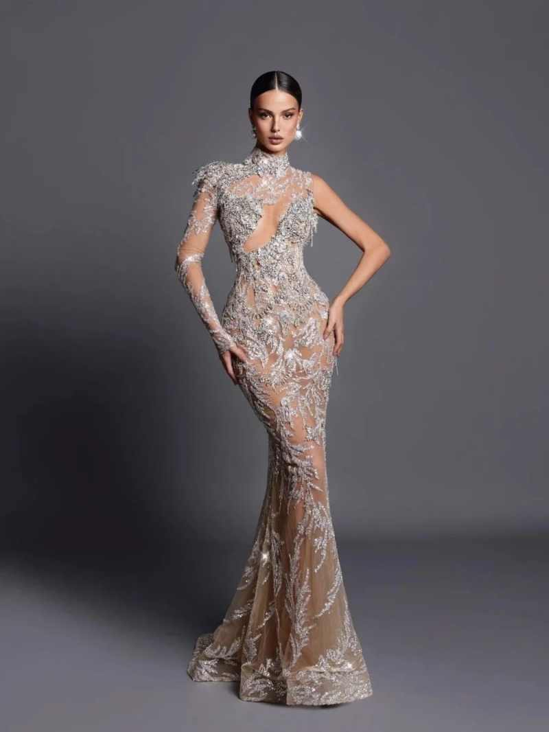 Sexy Prom Dress Mermaid Evening Dress One Sleeve High-Neck Sequins Appliques Crystal 3D Lace Prom Gowns Plus Size Customized vestido de novia L251742